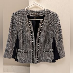 WHBM Navy and Tweed 3/4 Sleeve Suit Jacket Blazer with Pearl Details